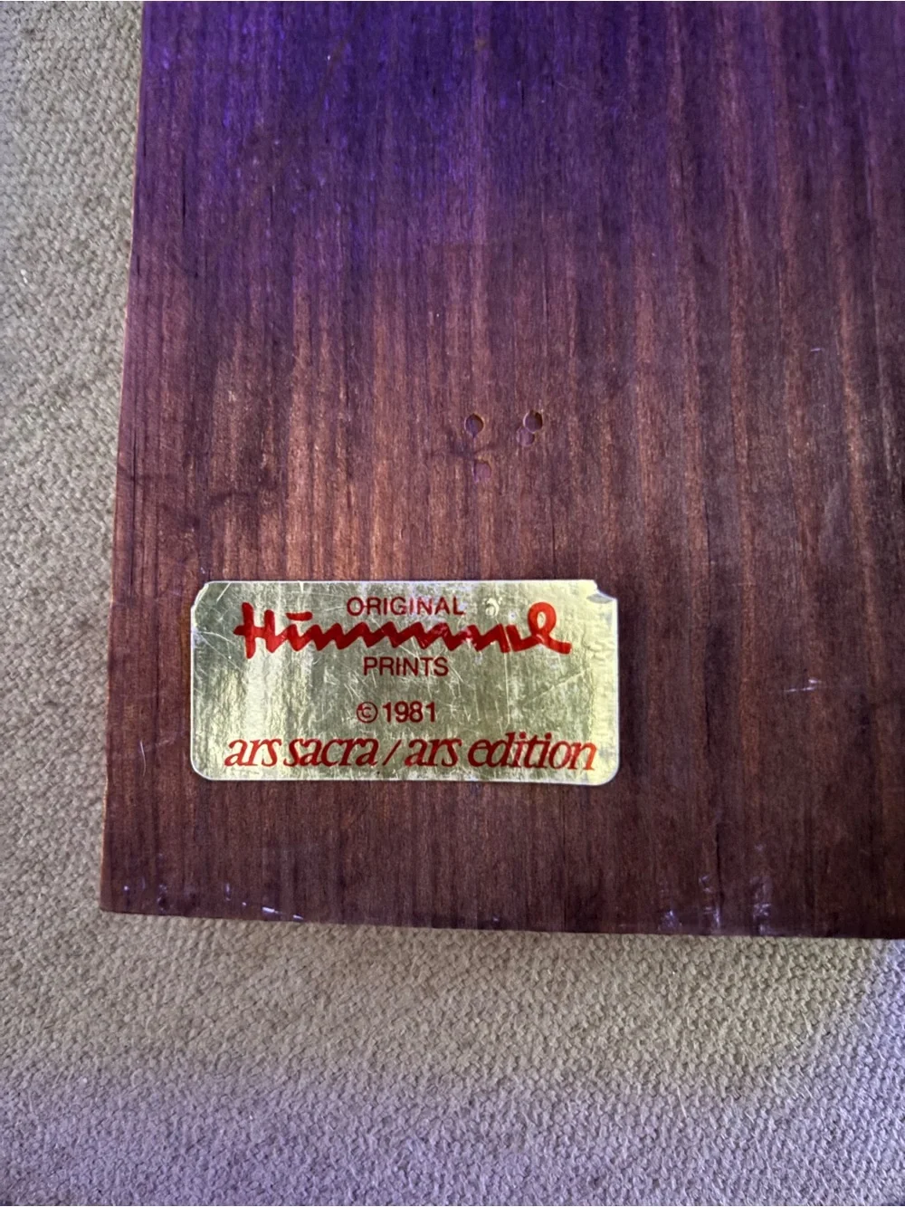 Her Happy Hobby Hummel Gold Foil Label. Vintage plaque.
